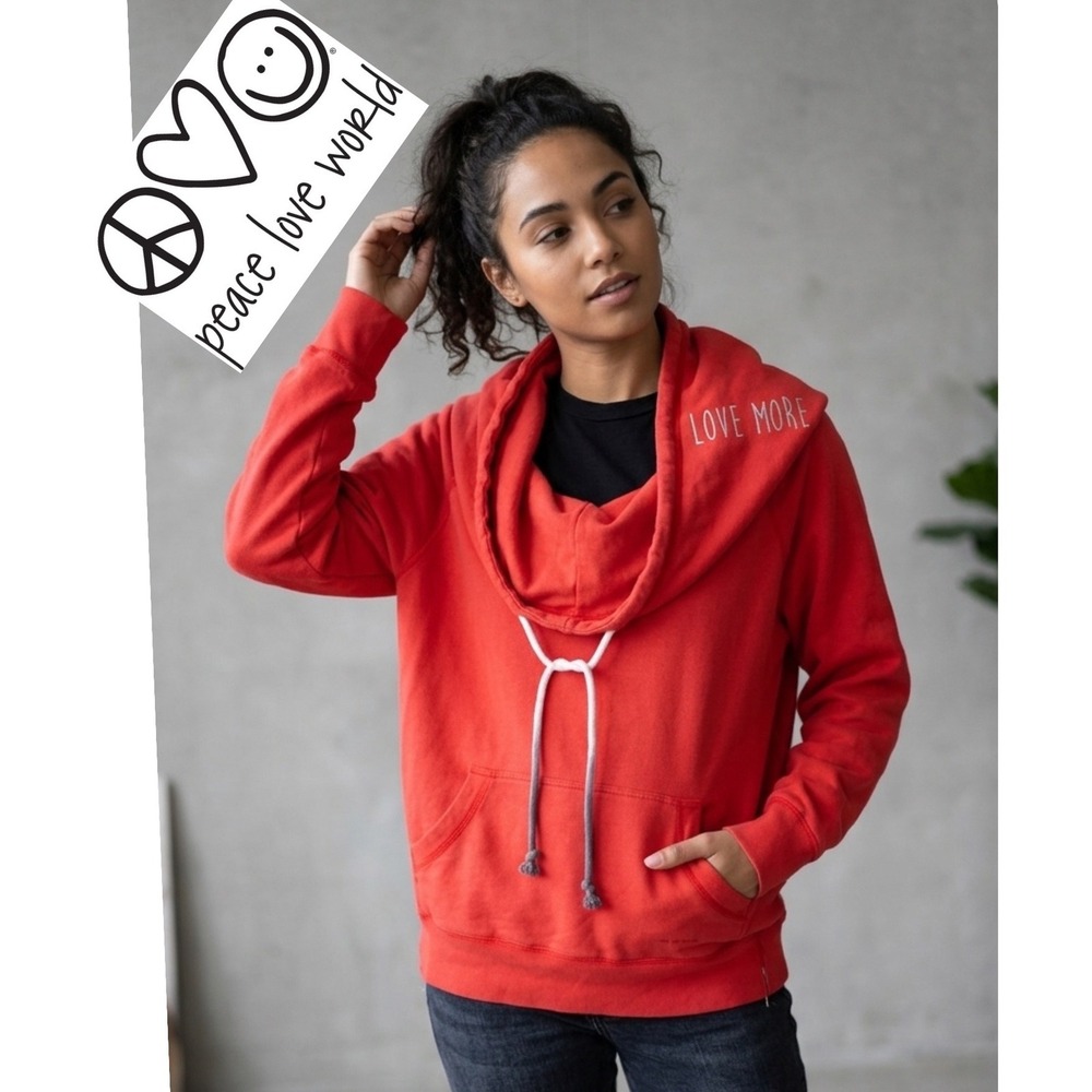 Peace Love World Red Cowl Neck Hoodie Love More Graphic Side Zip Sweatshirt S